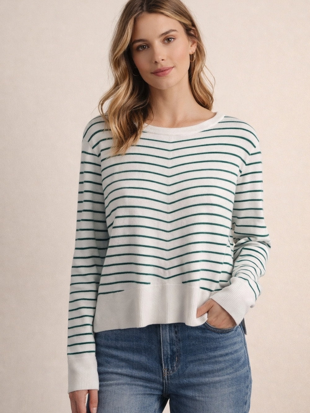 Philosophy White and Green Striped Crew Neck Sweater